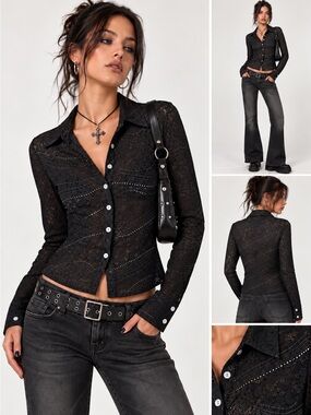 Vintage Bebe Y2K Black Lace Sheer Top S USA Button Up Whimsi Goth Romantic Fairy